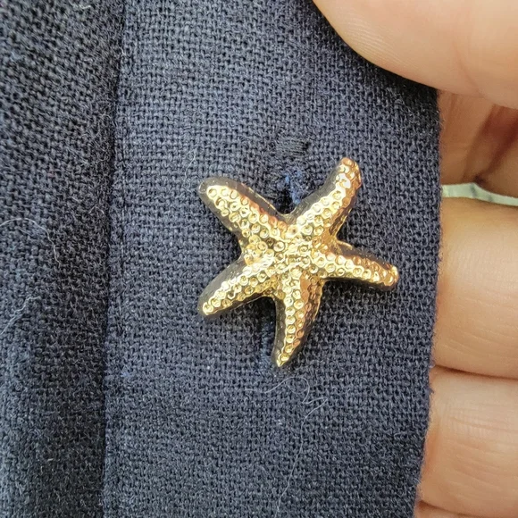 Cynthia Rowley Navy Linen blend coastal Dress Gold Shell Buttons Pockets Size L - Picture 8 of 11